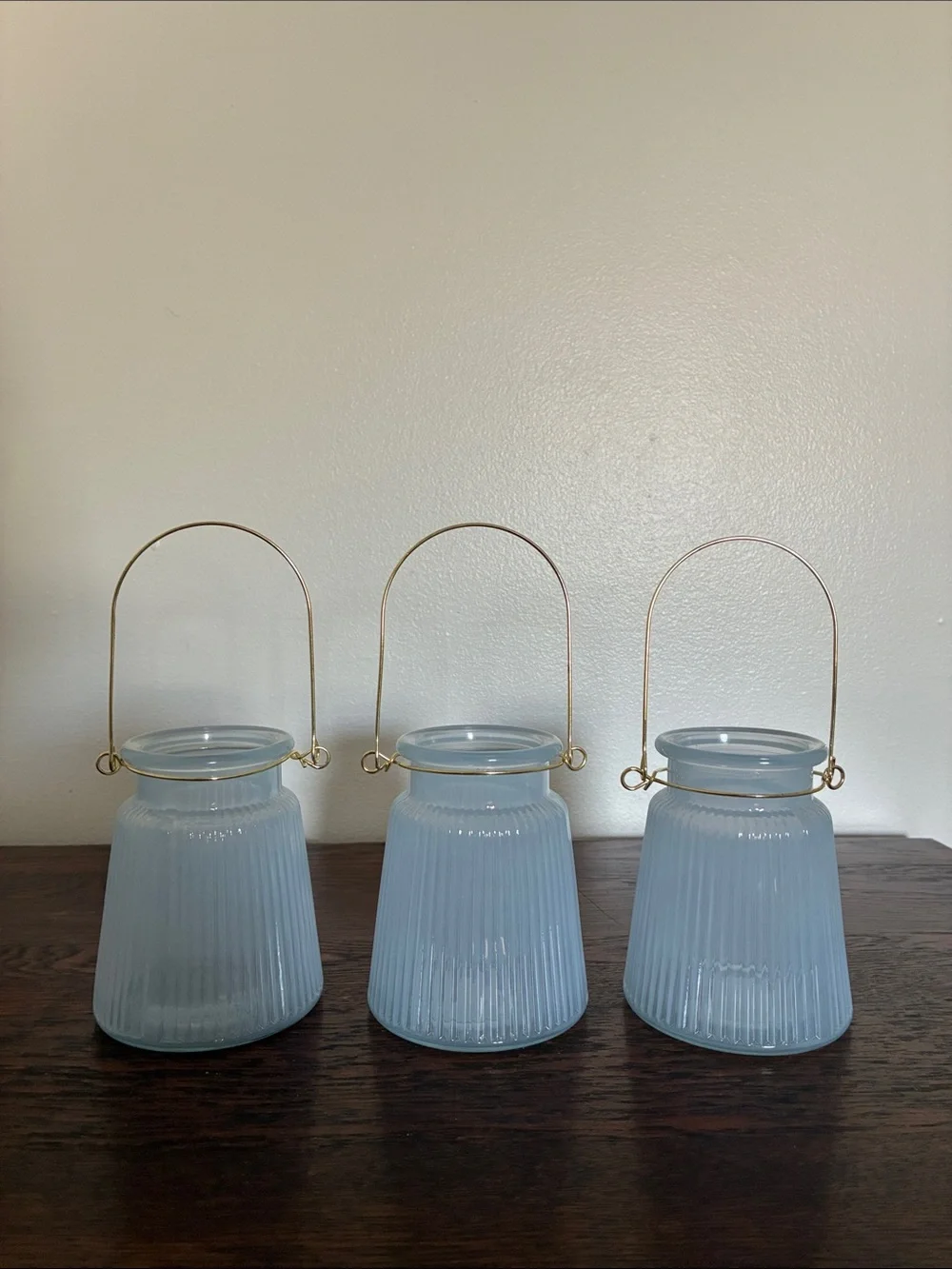 NWT- Set of 3- Light Blue Ribbed Glass Candle Holder Lanterns with Gold Handles